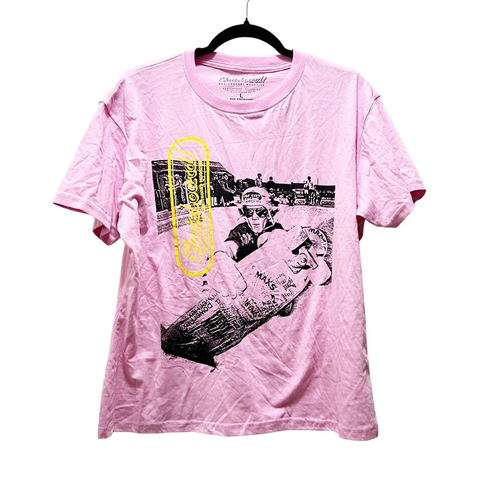 Skateboard Graphic Tee Pink Short Sleeves Crew Neck 100% Cotton Sz L